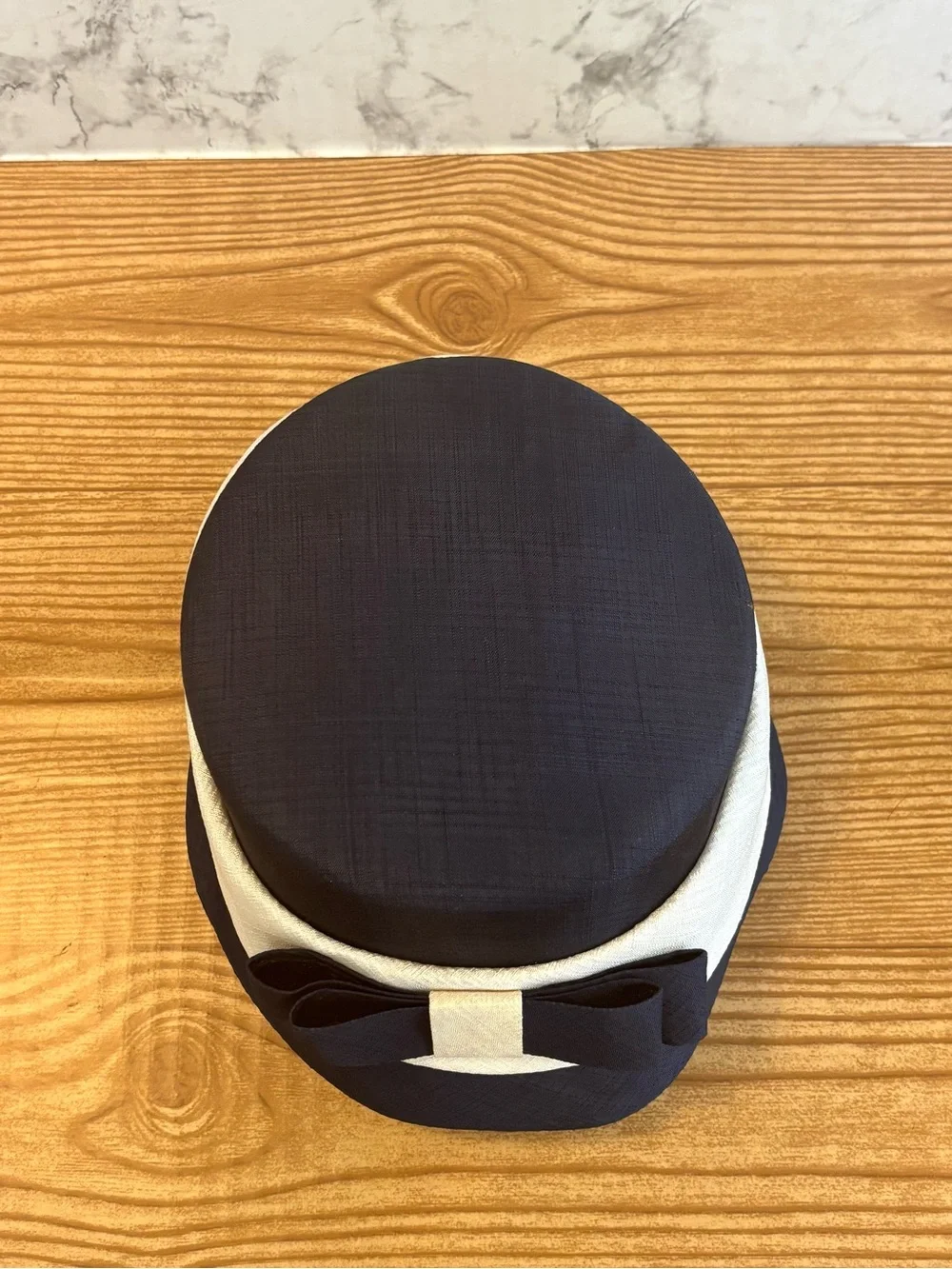 Vintage 60s Navy Blue Fabric Cloche Bucket Hat Off White Ribbon Bow Accent - Picture 6 of 10